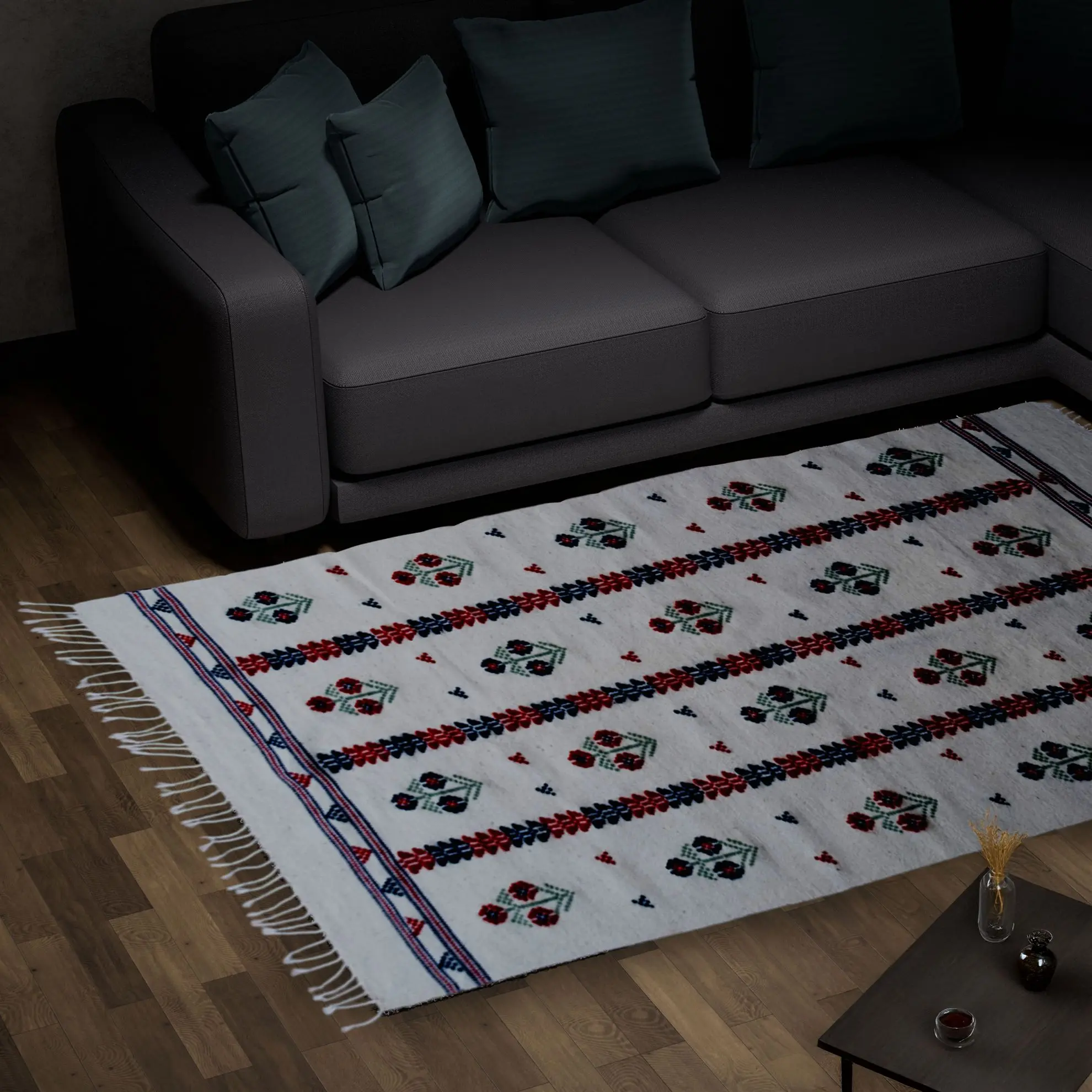 Üç Güller Motifli El Dokuması Kilim resmi
