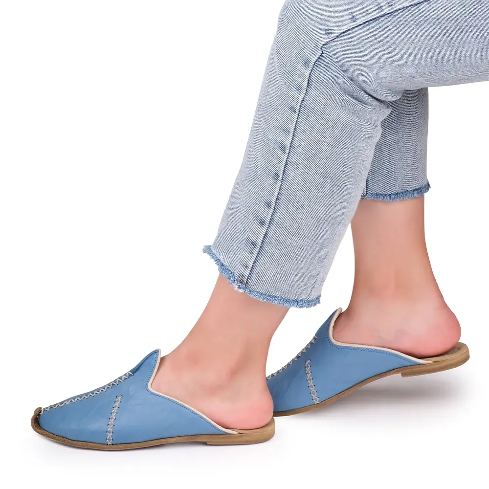 Saraçlı Burunlu Kadın Terlik Mavi