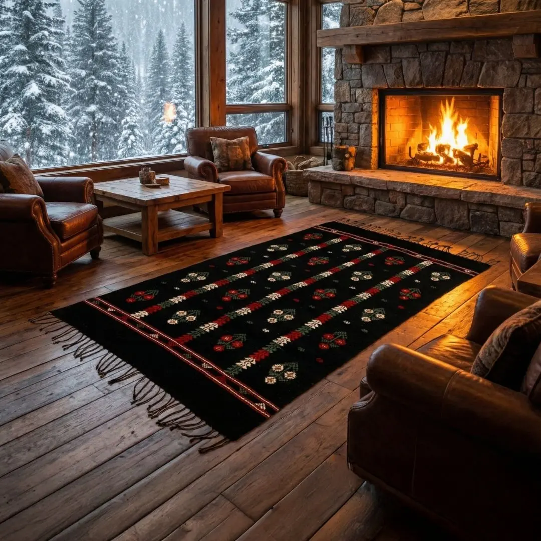 Üç Güller Motifli Siyah El Dokuması Kilim 